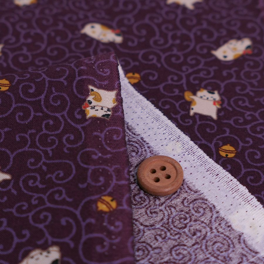 和柄コットン生地 唐草にのんびり猫(紫) 10cm単位 切り売り |生地 和柄