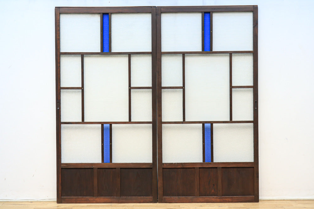 幅900ミリ 昭和レトロ!! 爽やかなブルーのカタガラスが映えるガラス戸