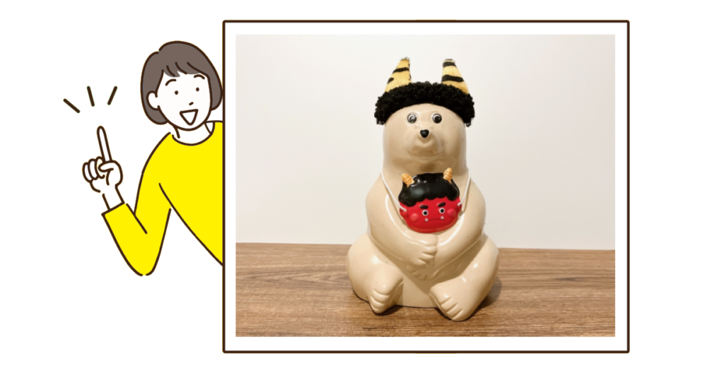 しろくま貯金箱を節分仕様に！キャンドゥの鬼の角とお面がぴったり