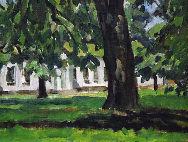 富樫正雄「にれ巨木（北海道大学）」油絵・F8号 絵画買取・販売の小竹美術