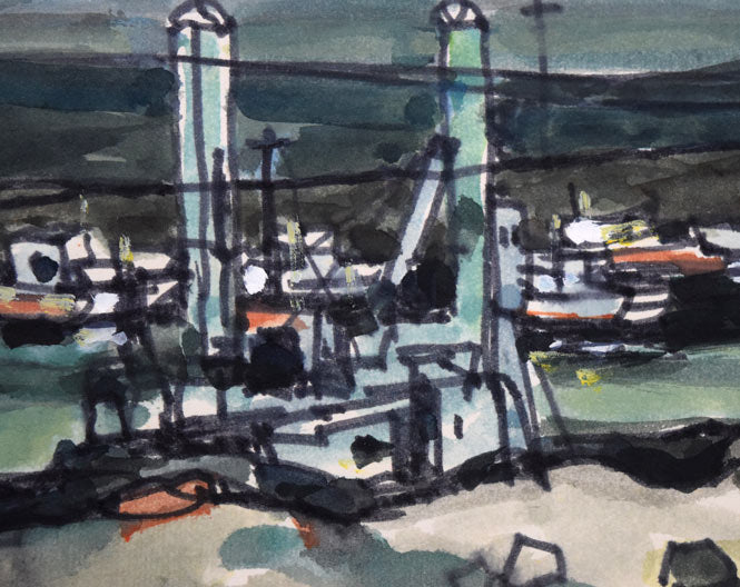 鹿毛正三「漁港風景（苫小牧）」水彩画・色紙 絵画買取・販売の小竹美術