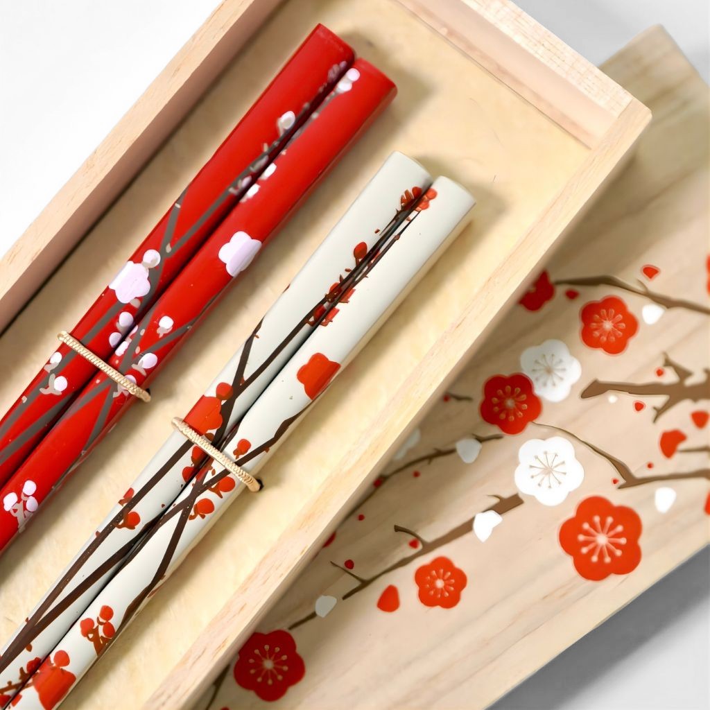 Rimpa 梅紅白ペア 食洗機対応 箸 – 漆器 高翆