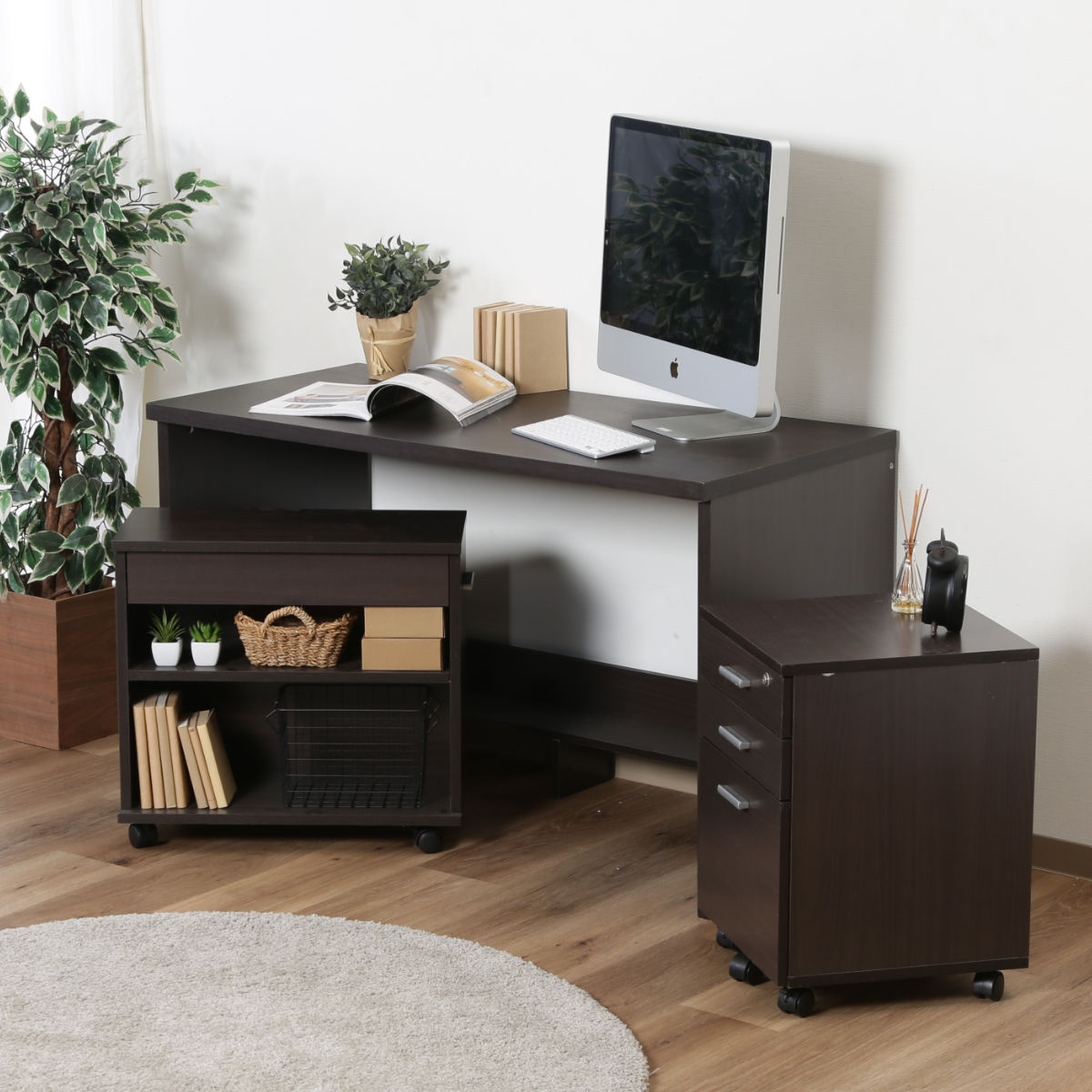 ワークデスク チェスト ラック 3点セット 幅120cm 木目調 （ パソコン