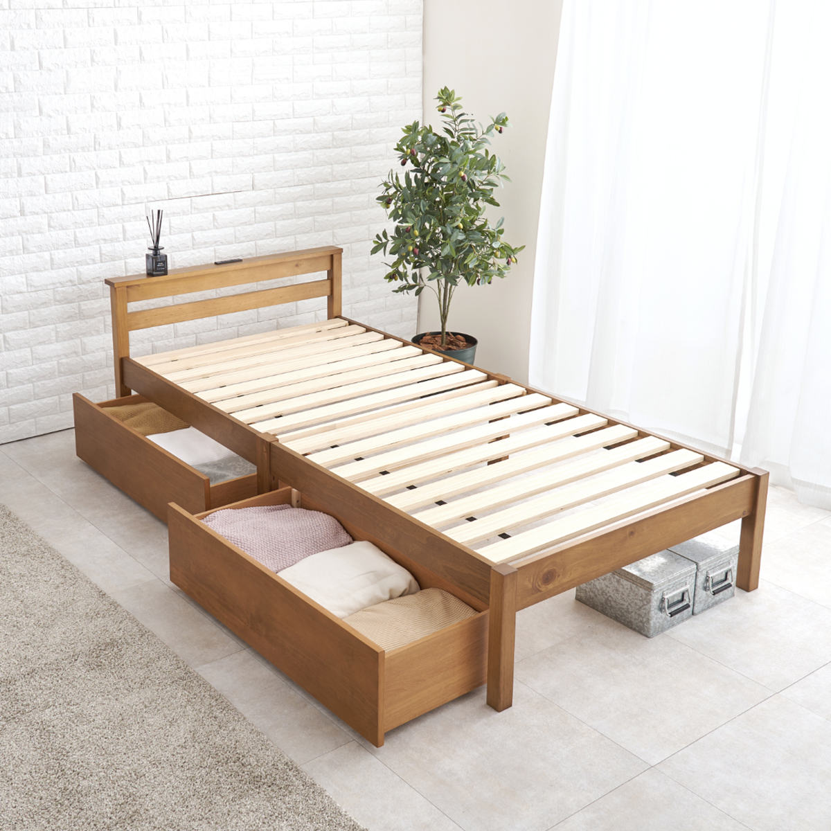 3分組立ベッド シングル 引出し収納 宮棚 2口コンセント （ ベッド