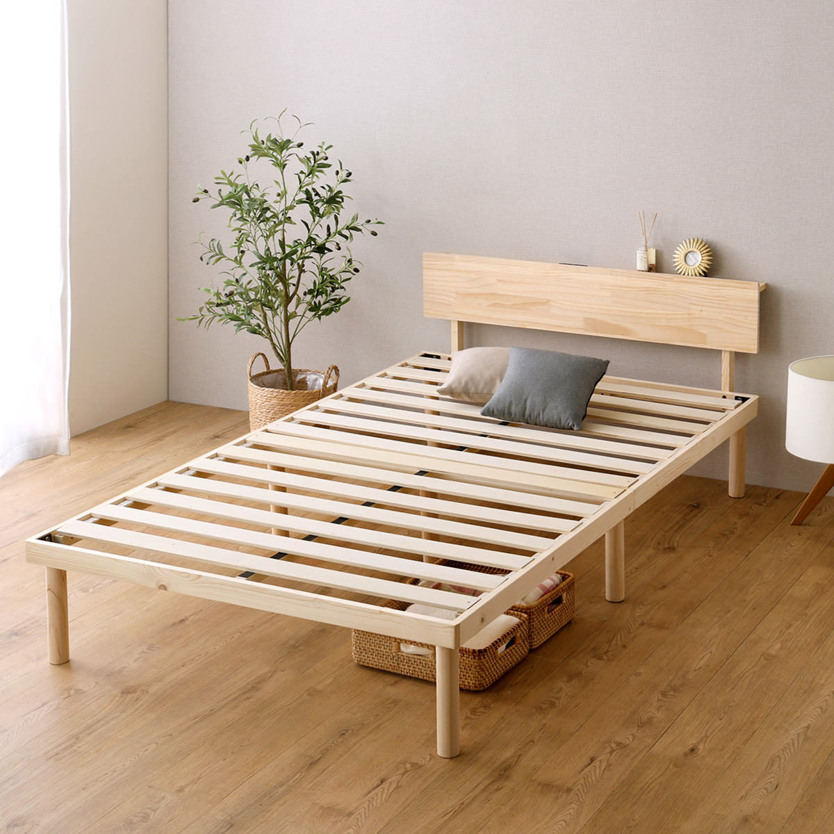 すのこベッド 宮棚付き セミダブル 北欧パイン 天然木 耐荷重200kg