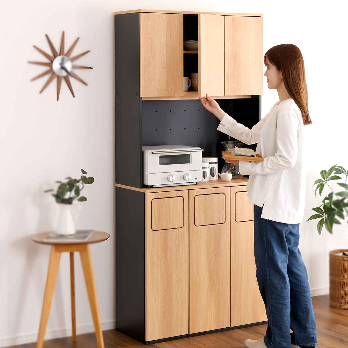 ゴミ箱一体型食器棚 幅80cm ゴミ箱3つタイプ45L対応 ヴィンテージ