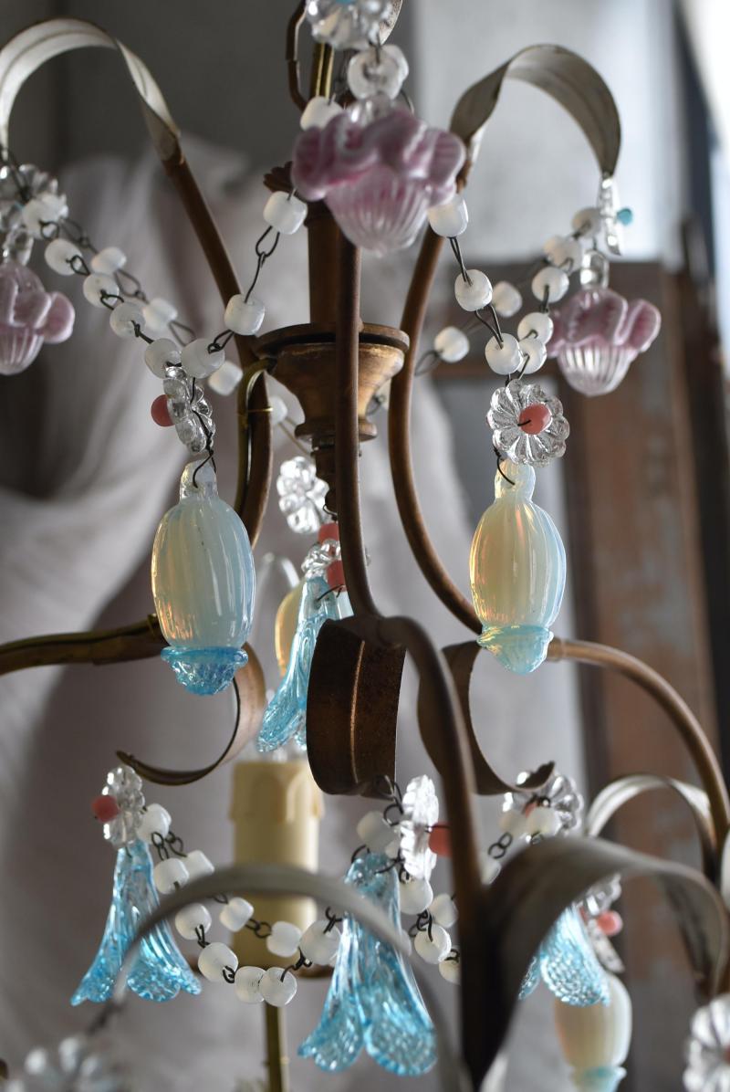 3灯シャンデリア.オパリンガラス フランスアンティーク照明 フレンチ