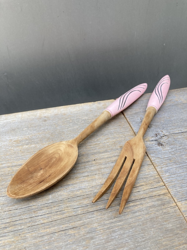 1950'S サービングスプーン＆フォークSET ウッド ピンク Pink レトロ