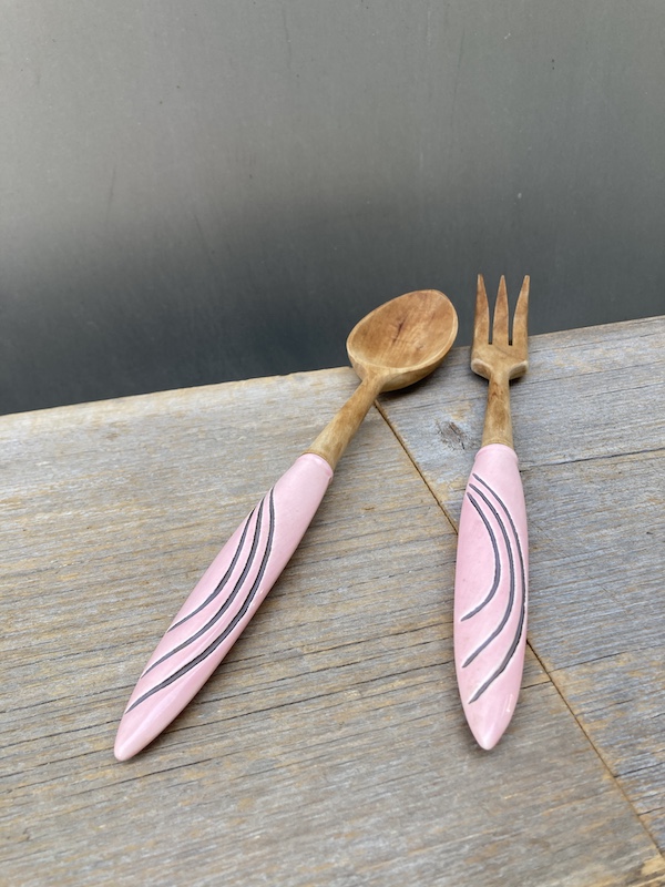 1950'S サービングスプーン＆フォークSET ウッド ピンク Pink レトロ
