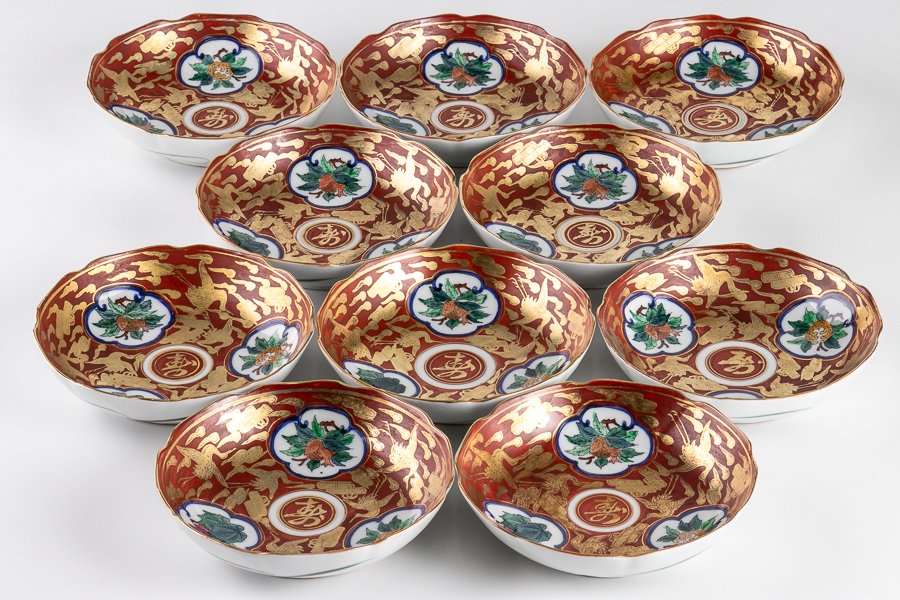 九谷焼】 九谷峰仙 赤絵金彩雲鶴柘榴文なます皿 10客セット 16306