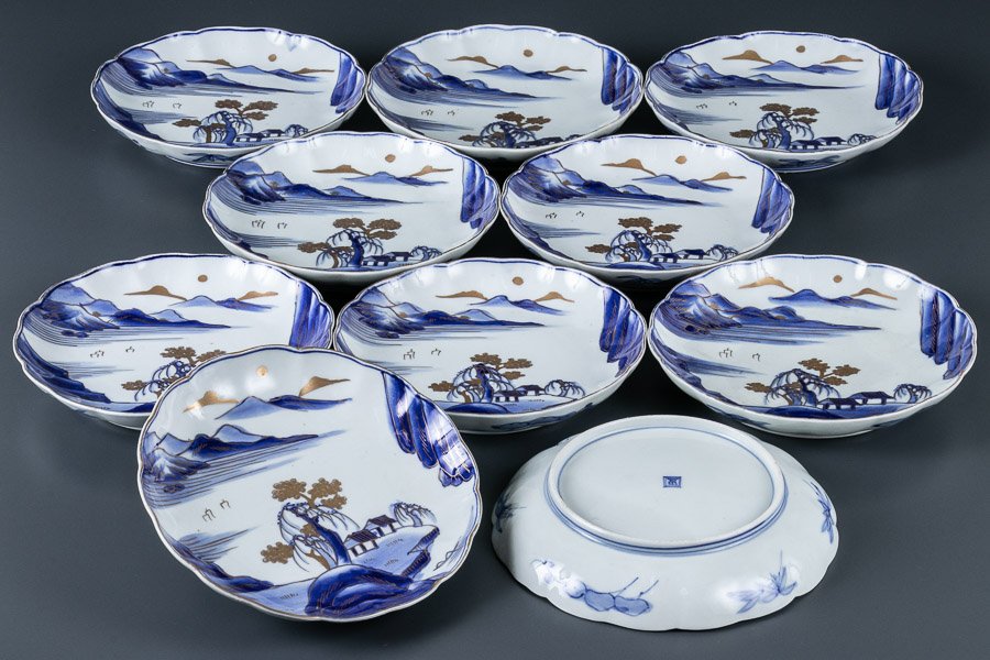 古伊万里】 染付金彩楼閣山水文輪花七寸皿 10客セット 箱付 11802