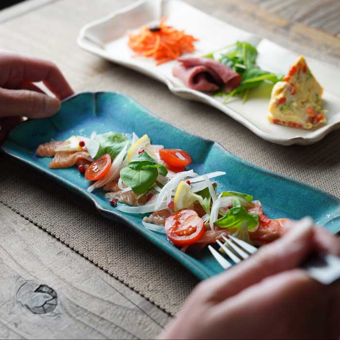 益子焼 ロータス【角/長】シャビーターコイズ わかさま陶芸 長いお皿