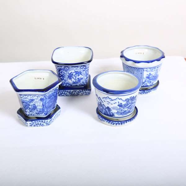 鉢：中国染付小鉢4点セットB(受皿付) 7.4－8cm*資材 | 盆栽鉢・水盤