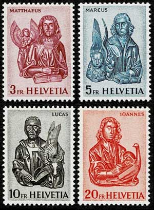 マタイ、マルコ、ルカ、ヨハネ 福音書記者切手4セット ヘルヴェティア