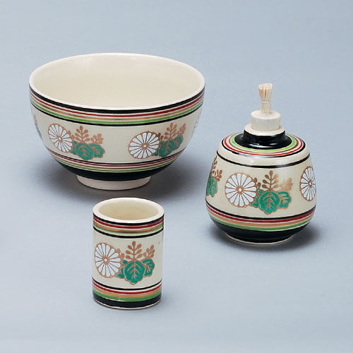 茶道具 茶箱】 茶箱用三点セット(茶碗・振出・茶巾筒) 仁清 独楽菊桐