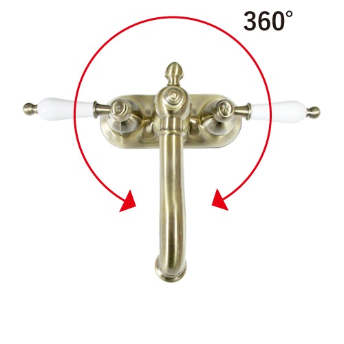 混合水栓 蛇口 カラン 4インチ 360°回転可能 ハンドル陶器 古金