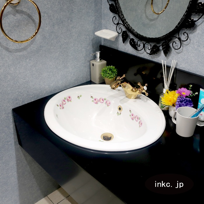 洗面ボウル おしゃれ 薔薇 丸 埋め込み 手洗い鉢 オーバーフロー有り