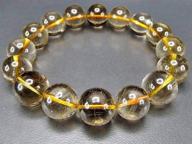 極透明細針ゴールドルチルスモーキークォーツ大玉14mm前後ブレスレット