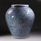 藍九谷 皿 江戸時代前期 前期伊万里 染付 草花文 陽刻捻割地紋