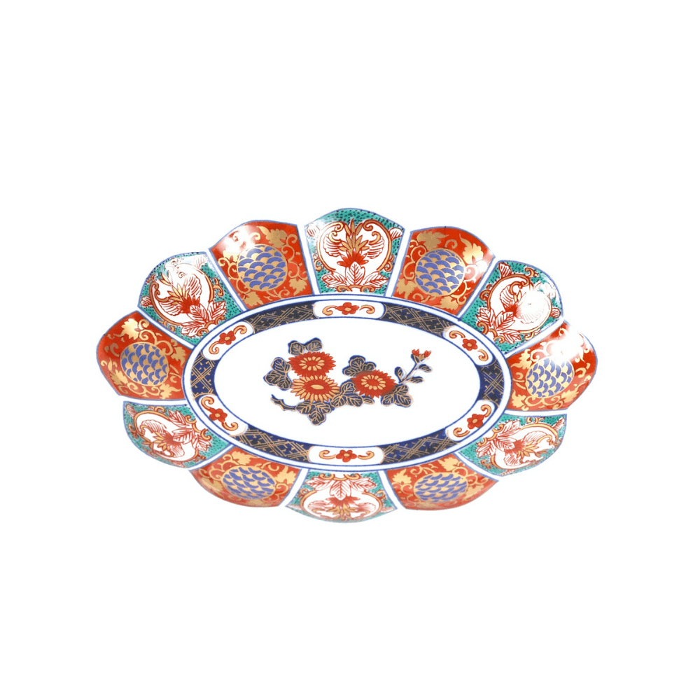 林九郎窯】金彩間取菊紋13.5cm楕円皿【波佐見焼】｜創亭やぶきた