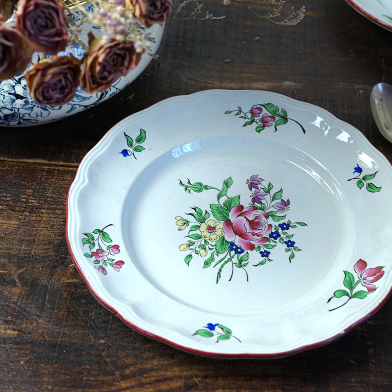 フランスのリュネビルK&Gの手描ボタニカルディナープレート25.5cm 1900