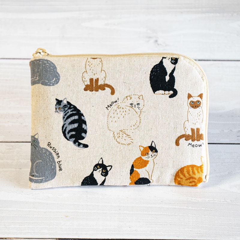 L字型ファスナーカードポーチ【ねこびより】日本製 綿・麻素材 三層