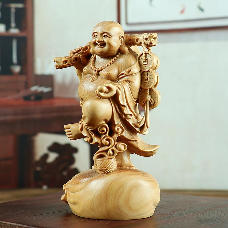 Amazon.co.jp: 布袋様置物 七福神 布袋様 銅銭弥勒 級天然ツゲ木彫り