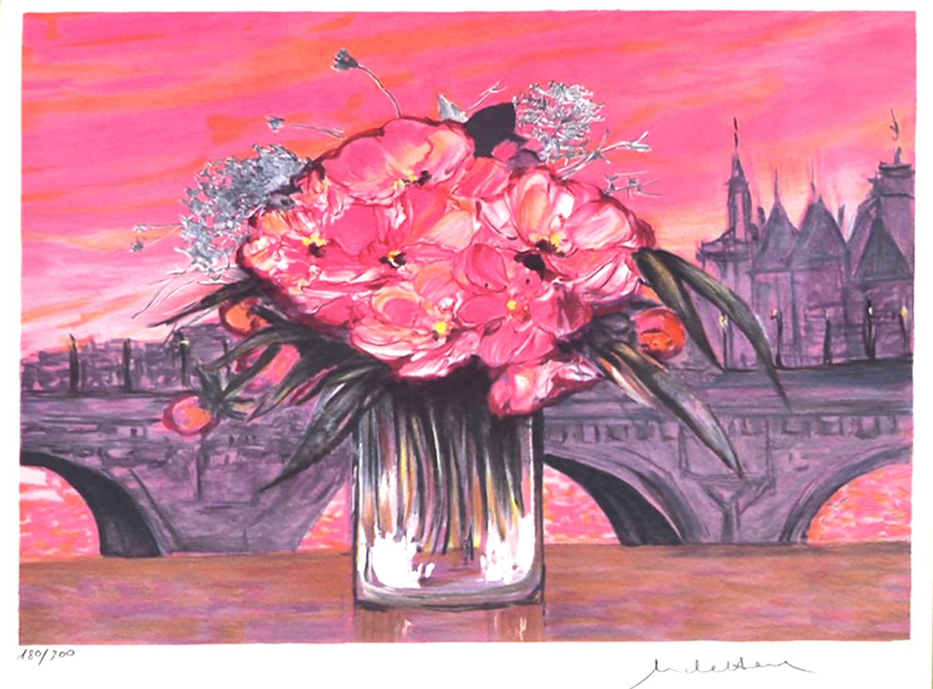 Amazon.co.jp: 絵画 版画 ミッシェル・アンリ 額付 『ピンクの花束