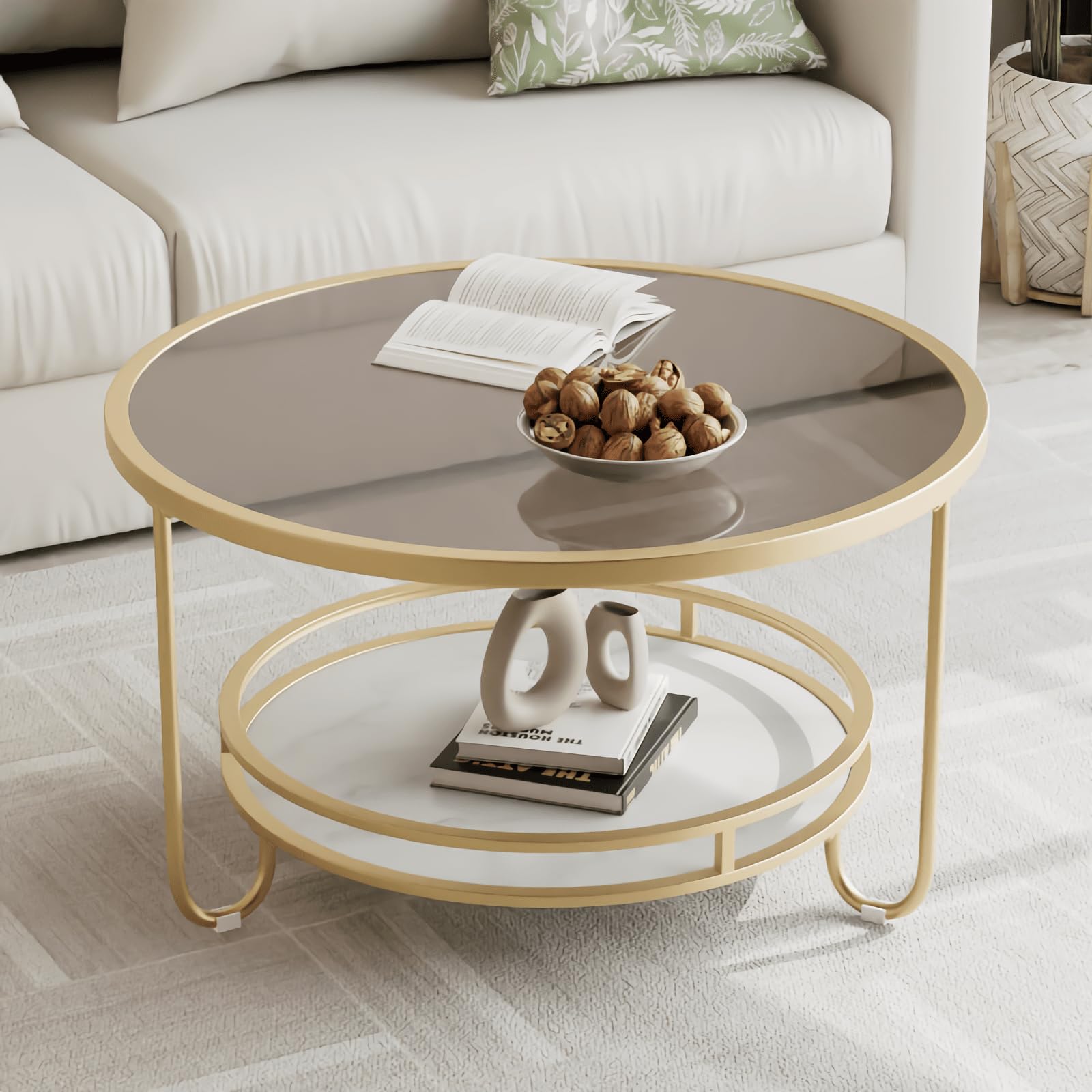 Amazon.co.jp: コーヒーテーブル 丸型ローテーブル 強化ガラス製