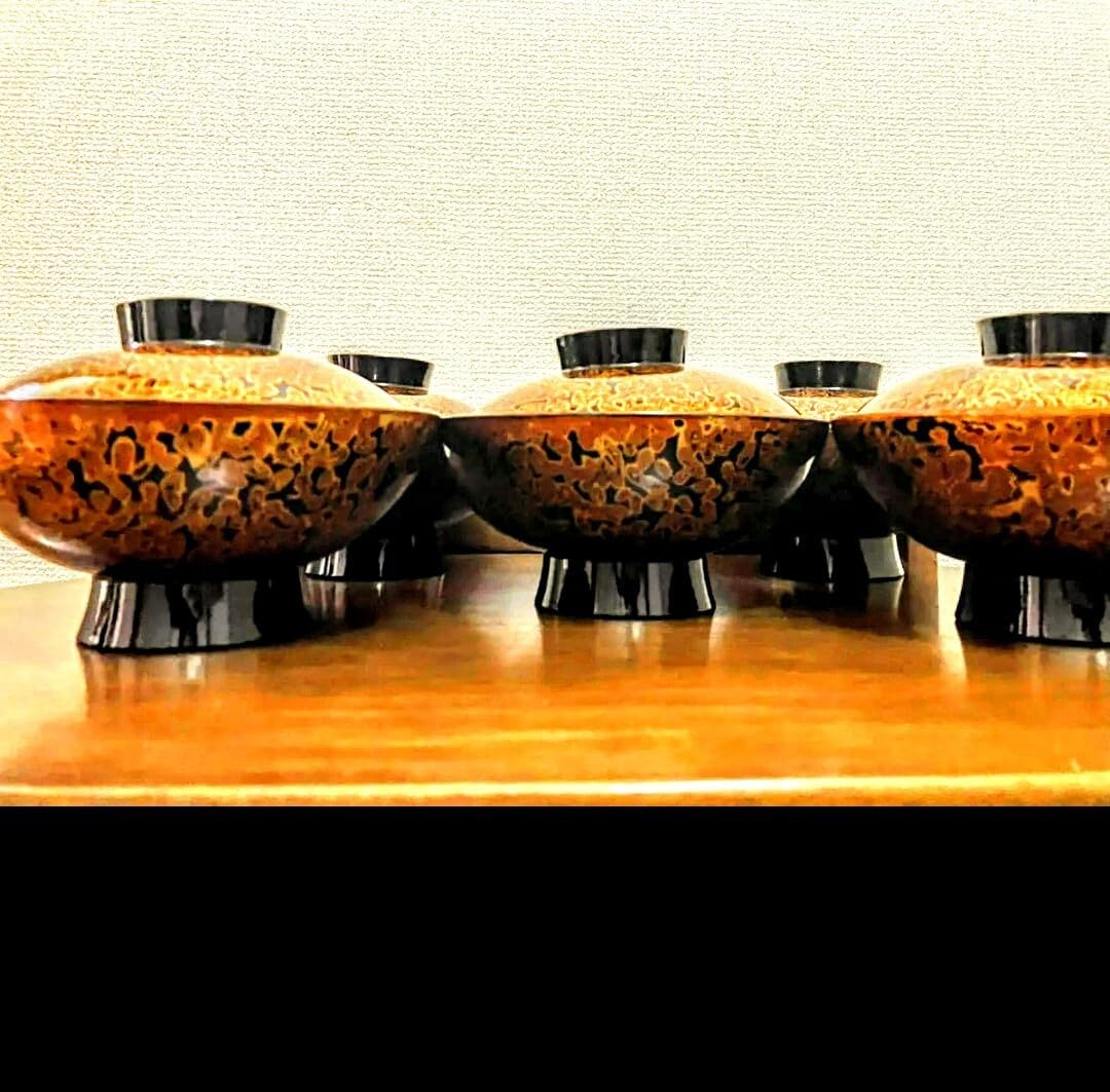 Amazon.co.jp: 会津塗金虫食塗吸物椀揃5客セット職人の丁寧な技が光り