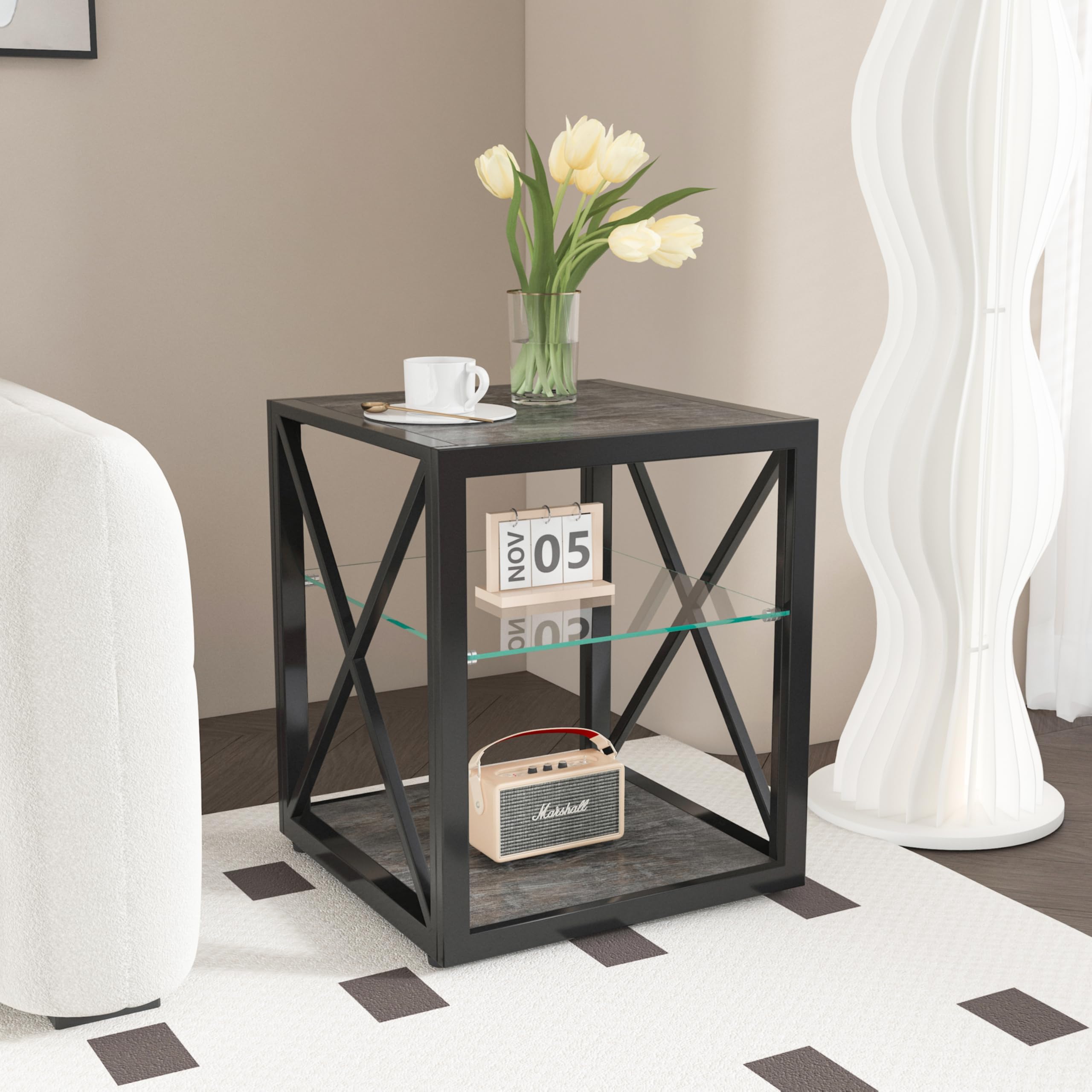 Amazon｜モダンサイドテーブル インダストリアルデザイン 強化ガラス天