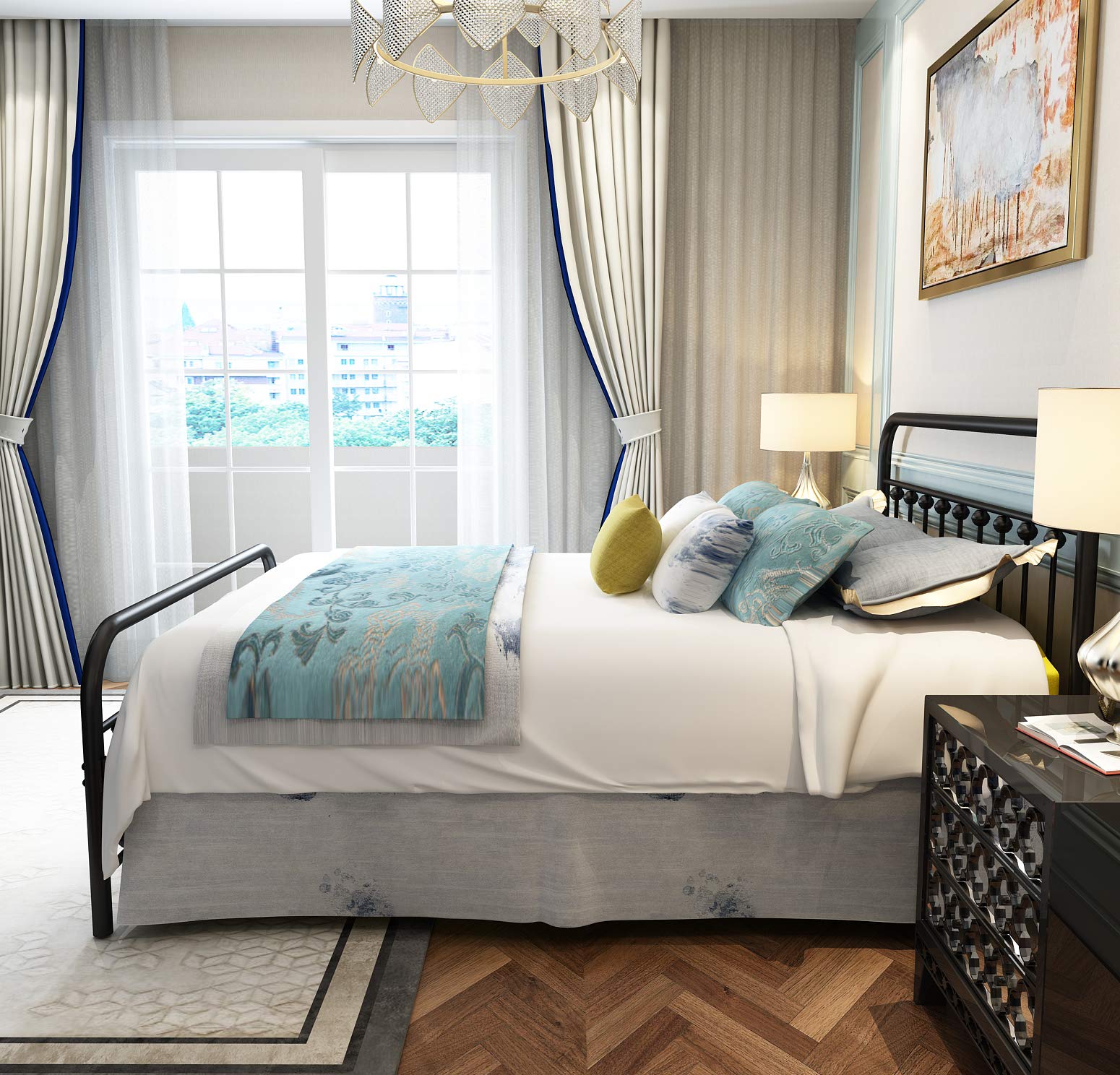 Amazon｜ブラックメタルベッドフレーム クイーンサイズ ヘッドボードと