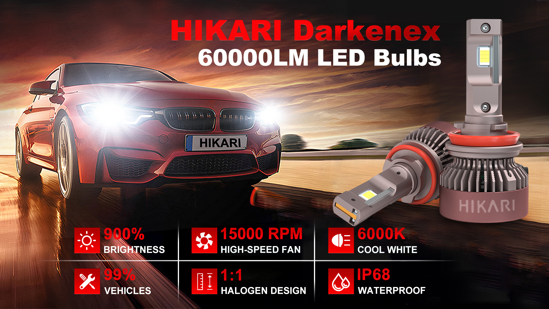 Hikari 2026 Darkenex H7 LED Headlight Bulbs 60000LM, 65W Evobeam2