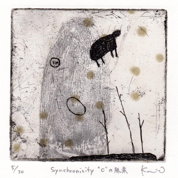 抽象画の絵を銅版画で制作したオバタクミの抽象画「Synchronicity C の