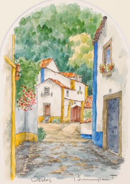 絵画の水彩画で高橋文平が描いたポルトガルの絵「オビドス」をご購入