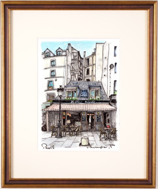 絵画の水彩画で高橋文平が描いたパリの風景画「ビルの谷間の小さな