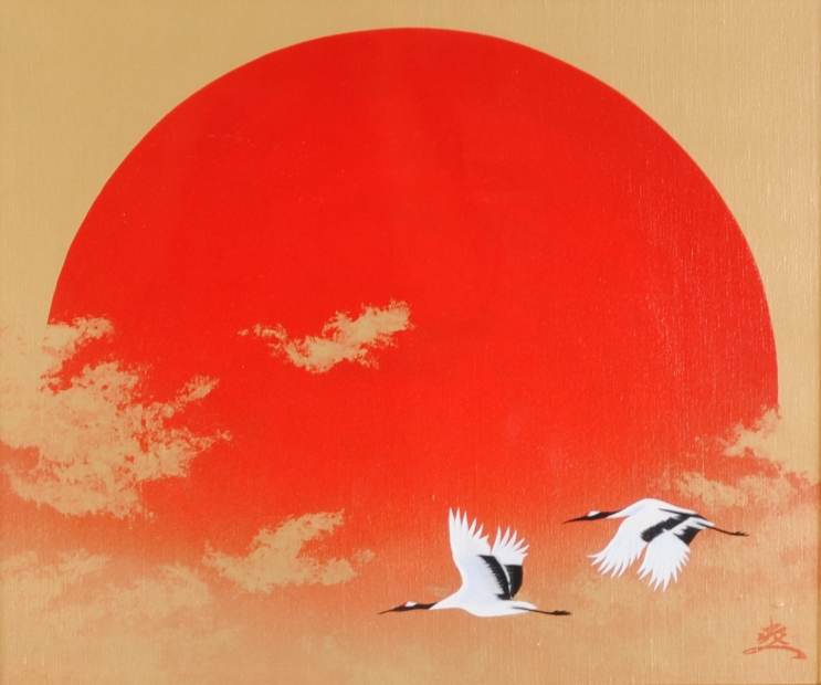 絵画のミクストメディアで如月爽人が描いた鶴の和の絵「飛翔」を販売