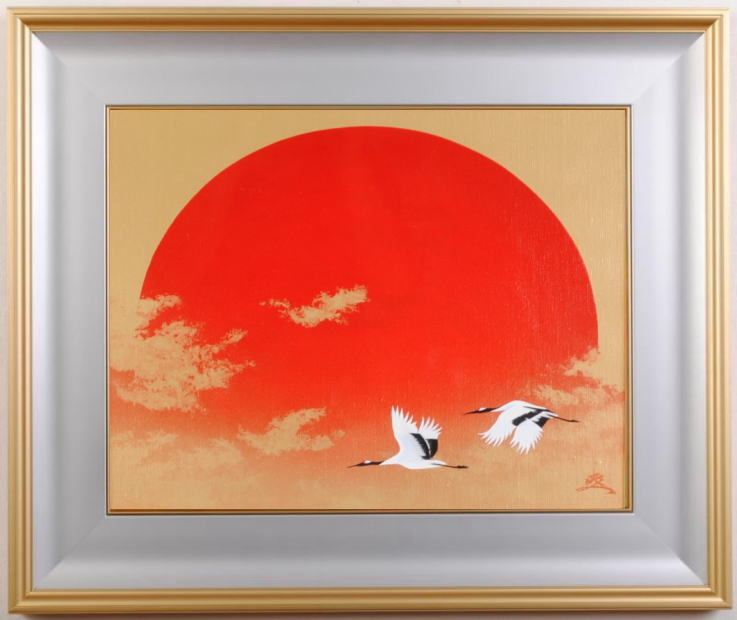 絵画のミクストメディアで如月爽人が描いた鶴の和の絵「飛翔」を販売