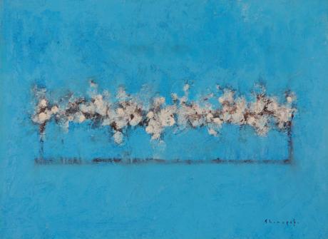 花の絵画を油絵で描いた篠崎晴夫の花の絵「青い背景の白い花」を通販で販売