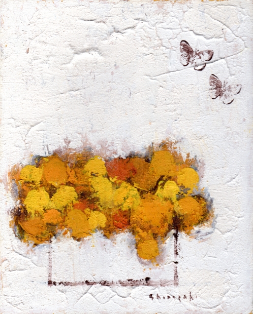 花の絵画を油絵で描いた篠崎晴夫の花の絵「黄色の花と蝶」をご購入