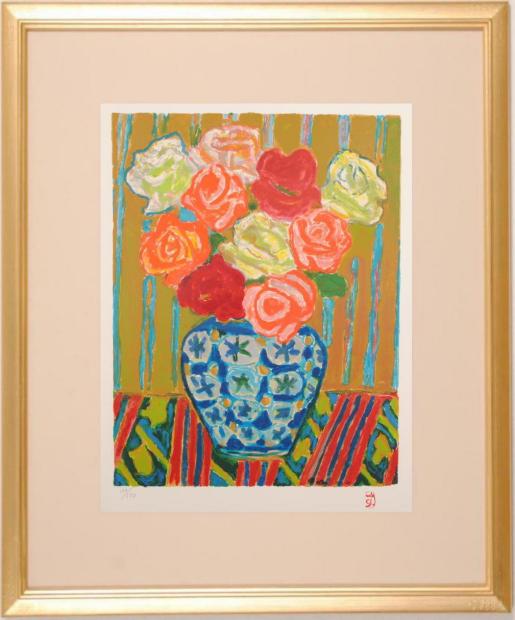 花の絵画をリトグラフの版画で制作した鈴木信太郎の花の絵「薔薇・2