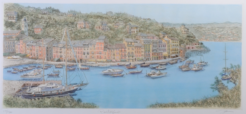 海の絵を銅版画で制作した織田義郎のイタリアの海の絵「ポルトフィーノ」