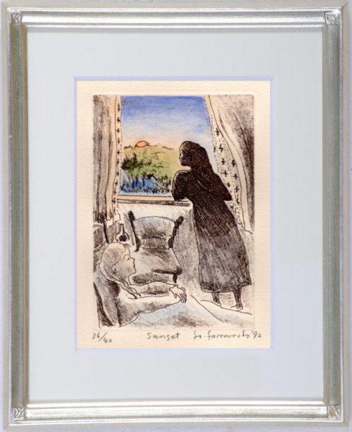 銅版画(エッチング)に手彩色を施して制作した山本容子の絵「サンセット