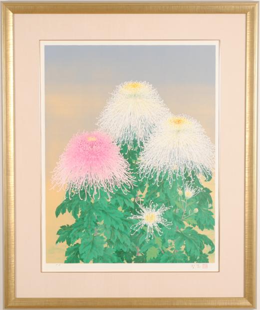 森田りえ子がリトグラフの版画で制作した和の菊の花の絵「秋華」を通販