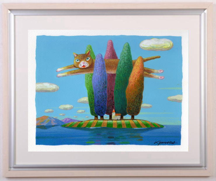 絵画のアクリル画で田原健二が描いた絵「空を駆けるネコ・2」