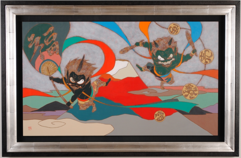 瀧下和之がアクリル画の絵画で描いた赤富士に風神雷神の絵「富嶽風神