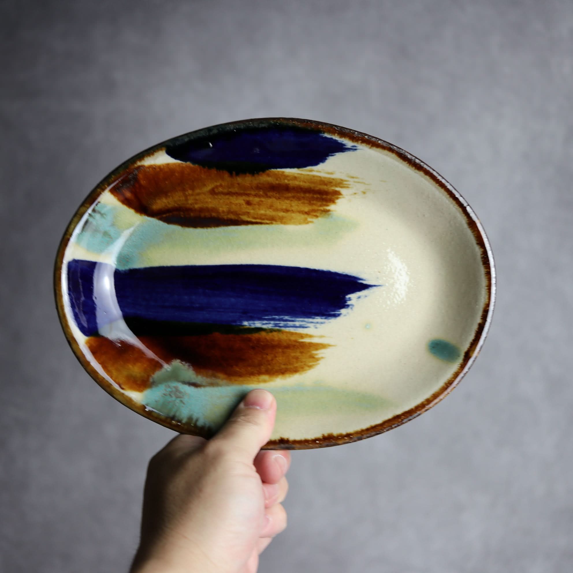 オーバル皿1 ライン紋 やちむん 陶器 エドメ陶房｜エドメ陶房