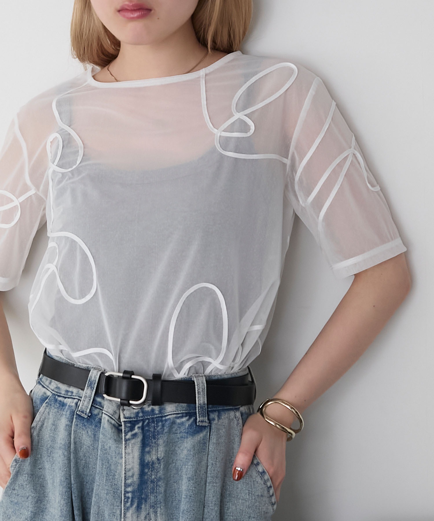 forksy.】ニュアンス柄コード刺繍シアー半袖Tシャツ forksy.│MONO