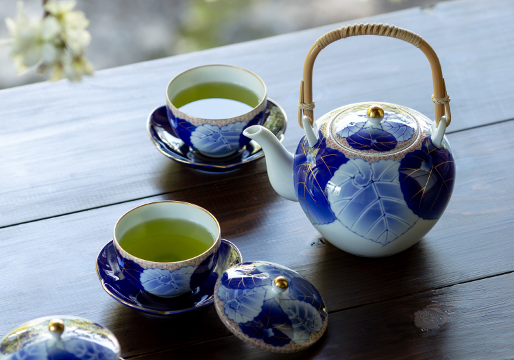 ◇401◇青網蓋付湯呑 芳山 網目 4客 和骨董 japanese craft ◇401◇青