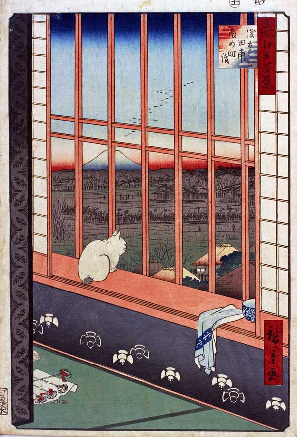 猫の浮世絵その2 歌川広重「名所江戸百景 浅草田甫酉の町詣」。吉原の